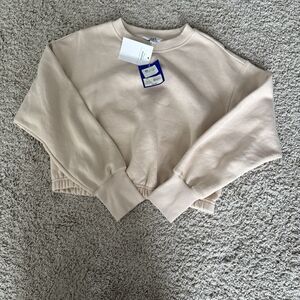 NWT Joy Lab Sweatshirt Womens XS CreamBoxy Fit Cropped Elastic Crewneck Pullover